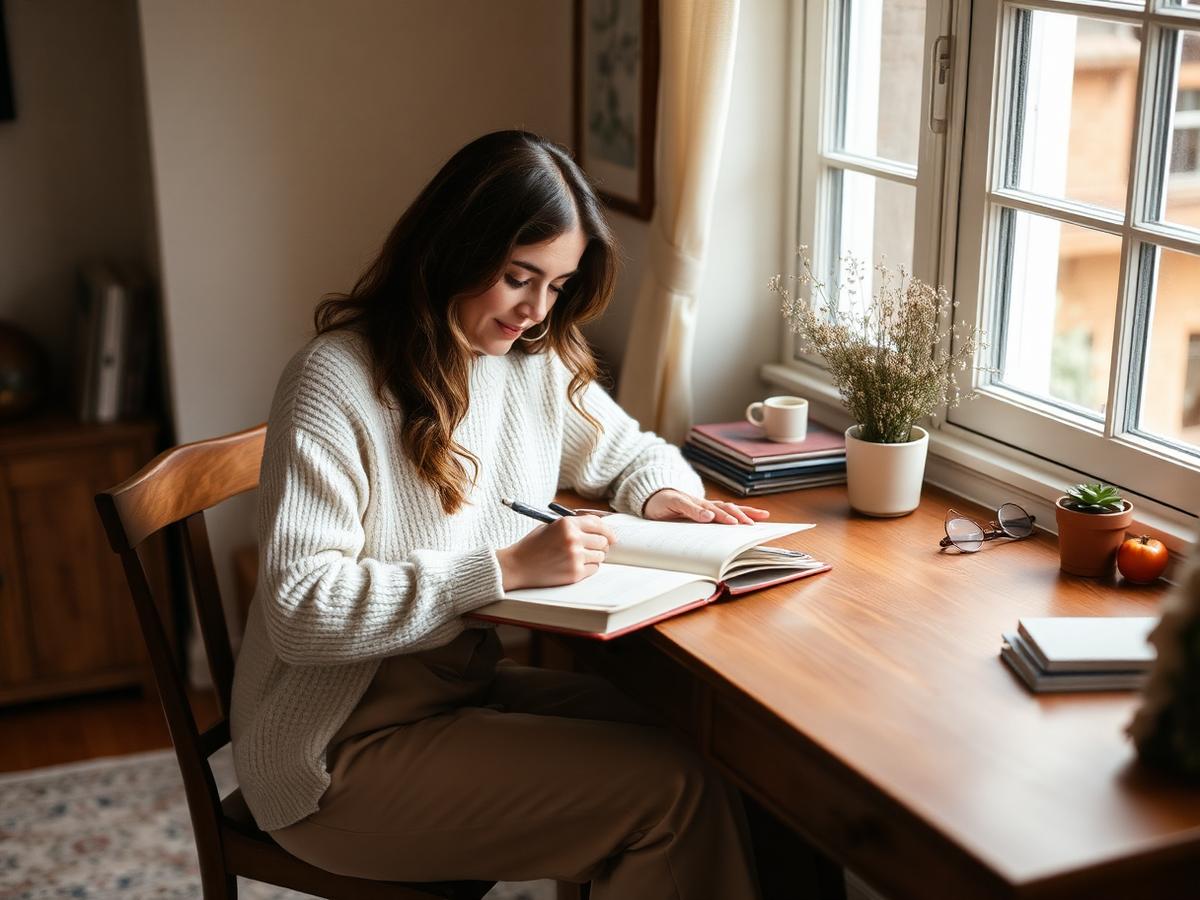 Writer at a wooden desk
