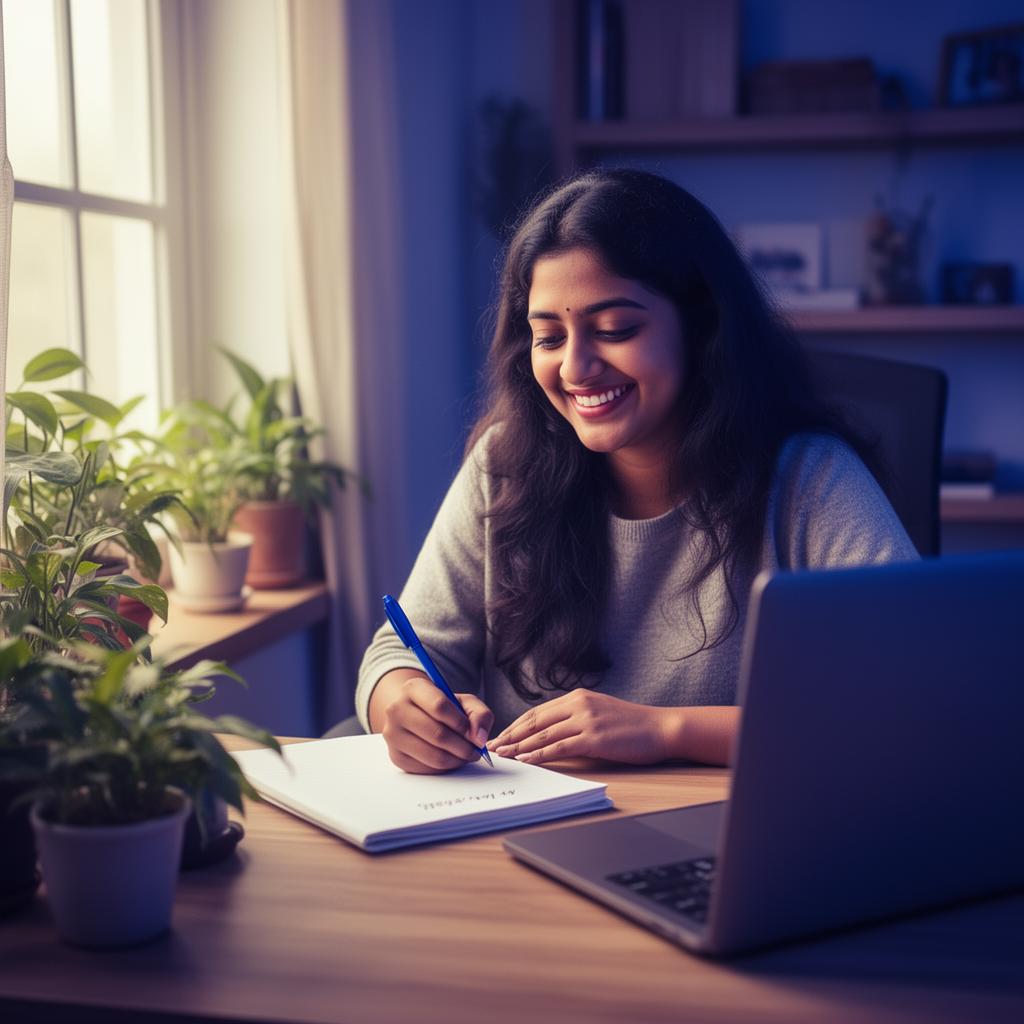 Happy member earning from home doing handwriting work